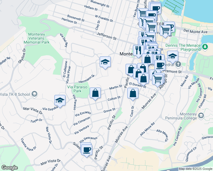 map of restaurants, bars, coffee shops, grocery stores, and more near 600 Martin Street in Monterey