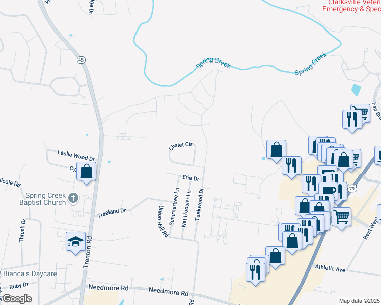 map of restaurants, bars, coffee shops, grocery stores, and more near 360 Chalet Circle in Clarksville