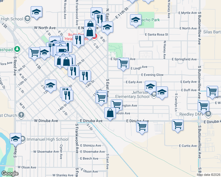 map of restaurants, bars, coffee shops, grocery stores, and more near 552 East Duff Avenue in Reedley