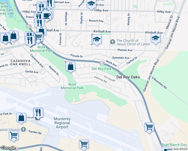 map of restaurants, bars, coffee shops, grocery stores, and more near 996 Vía Verde in Del Rey Oaks