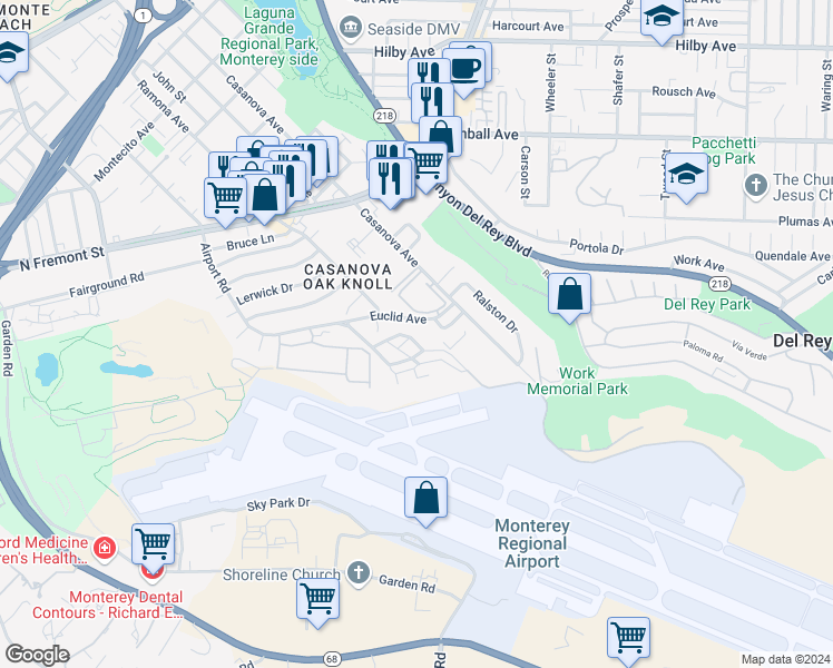 map of restaurants, bars, coffee shops, grocery stores, and more near 106 Aviation Lane in Monterey