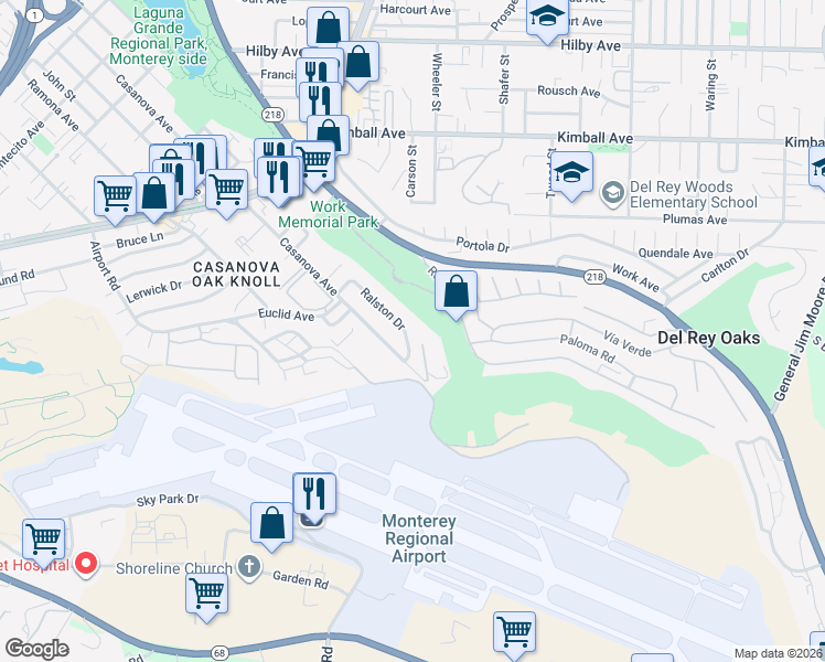 map of restaurants, bars, coffee shops, grocery stores, and more near 41 Ralston Drive in Monterey