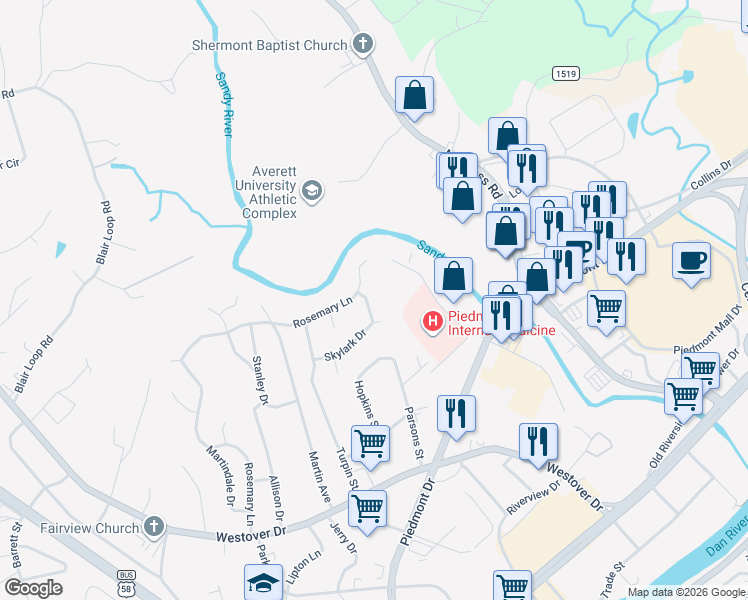 map of restaurants, bars, coffee shops, grocery stores, and more near 111 Winfield Place in Danville