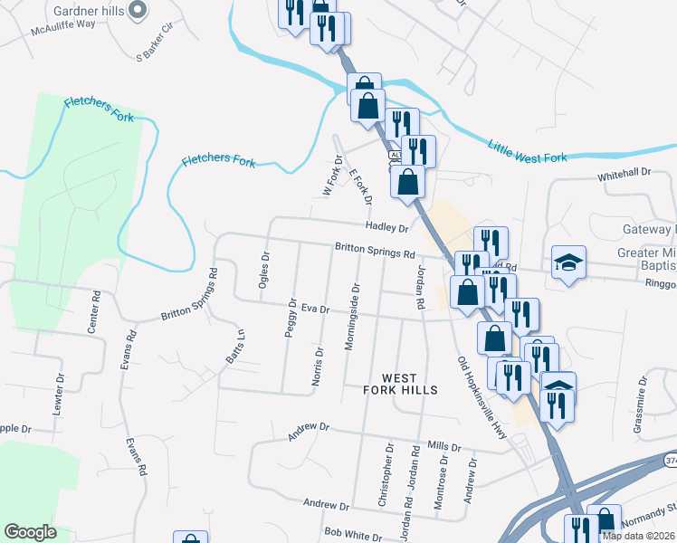 map of restaurants, bars, coffee shops, grocery stores, and more near 402 Britton Springs Road in Clarksville