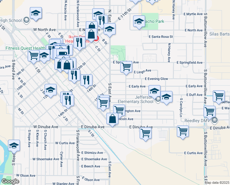 map of restaurants, bars, coffee shops, grocery stores, and more near 552 East Duff Avenue in Reedley