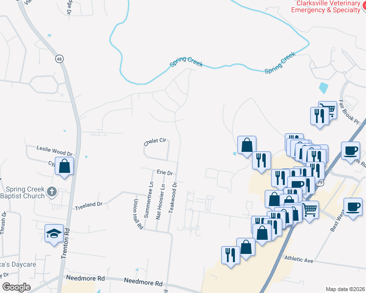 map of restaurants, bars, coffee shops, grocery stores, and more near 2867 Teakwood Drive in Clarksville