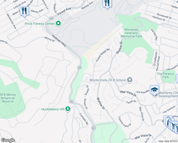 map of restaurants, bars, coffee shops, grocery stores, and more near 56 Skyline Crest in Monterey