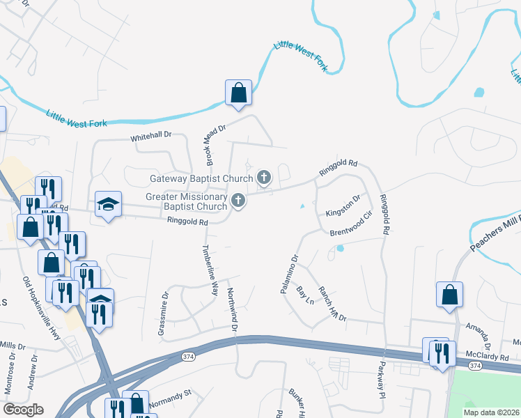 map of restaurants, bars, coffee shops, grocery stores, and more near 442 Ringgold Road in Clarksville