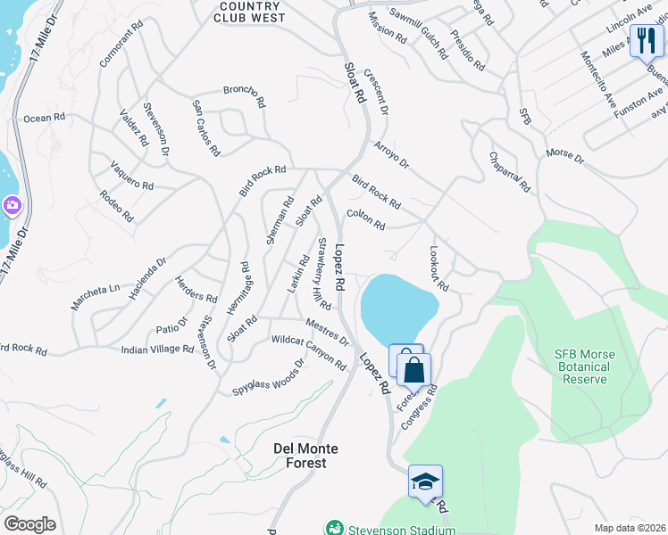 map of restaurants, bars, coffee shops, grocery stores, and more near 3050 Lopez Road in Del Monte Forest