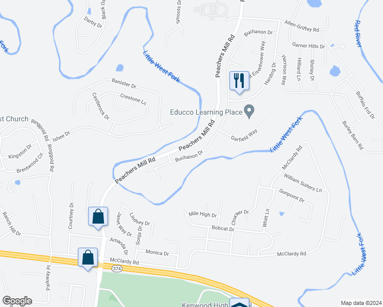 map of restaurants, bars, coffee shops, grocery stores, and more near 1460 Buchanon Drive in Clarksville