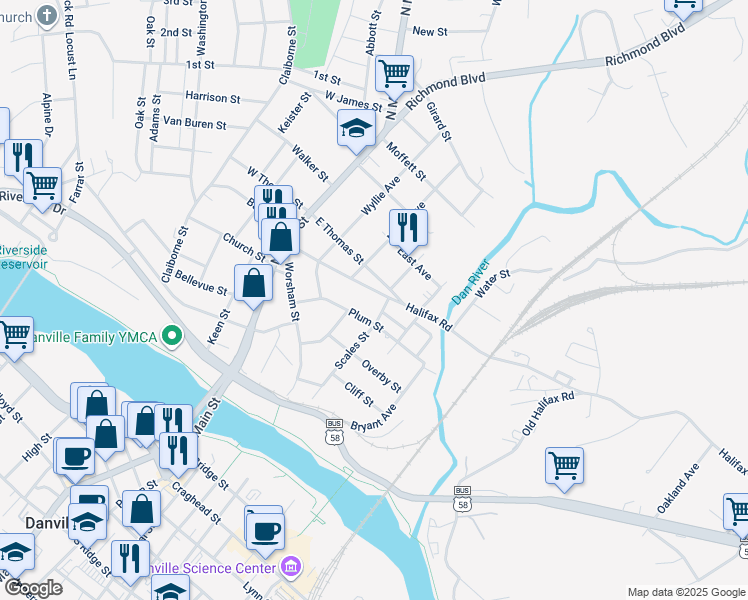map of restaurants, bars, coffee shops, grocery stores, and more near 336 Halifax Street in Danville