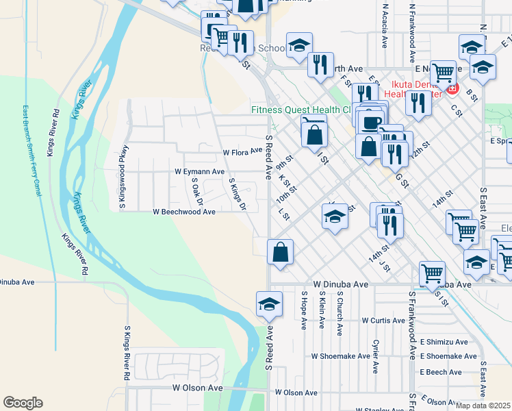 map of restaurants, bars, coffee shops, grocery stores, and more near 986 Kings Drive Circle in Reedley
