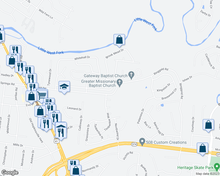 map of restaurants, bars, coffee shops, grocery stores, and more near 260 Moncrest Drive in Clarksville