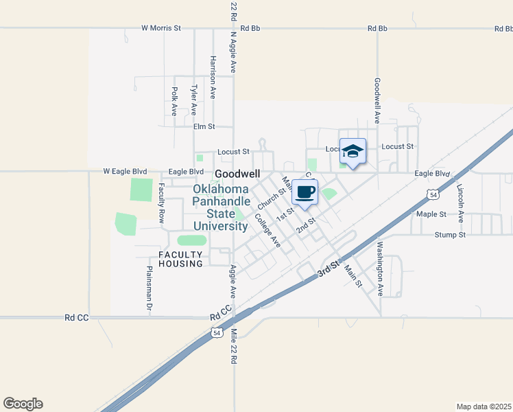 map of restaurants, bars, coffee shops, grocery stores, and more near 201 College Avenue in Goodwell