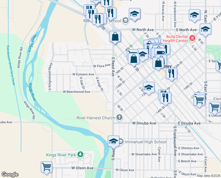 map of restaurants, bars, coffee shops, grocery stores, and more near 986 Kings Drive Circle in Reedley
