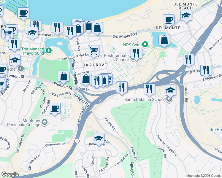 map of restaurants, bars, coffee shops, grocery stores, and more near 1298 Sloat Avenue in Monterey