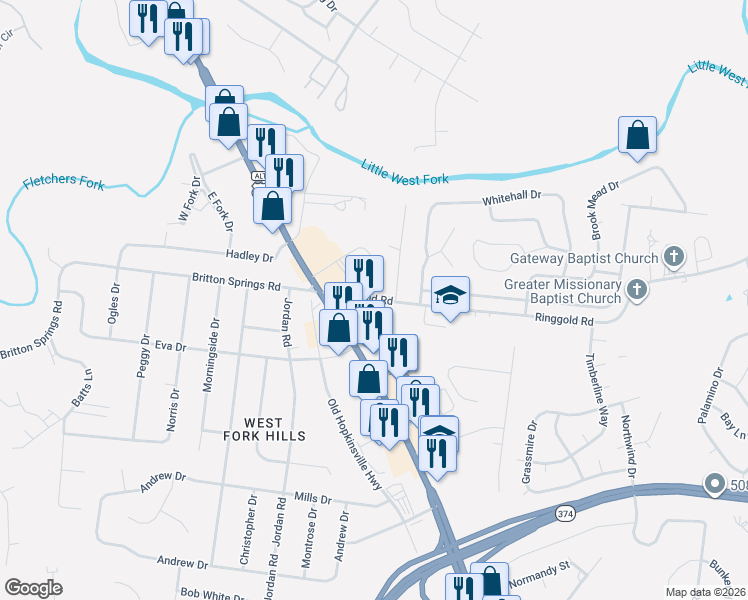 map of restaurants, bars, coffee shops, grocery stores, and more near 193 Ringgold Road in Clarksville