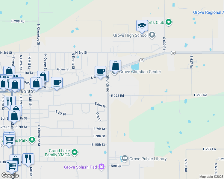 map of restaurants, bars, coffee shops, grocery stores, and more near 63211 East 291 Road in Grove