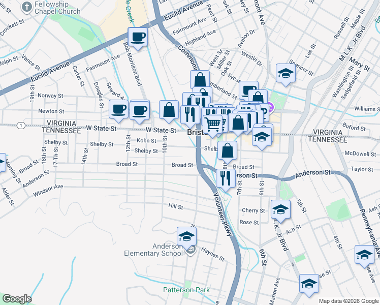 map of restaurants, bars, coffee shops, grocery stores, and more near 917 Shelby Street in Bristol
