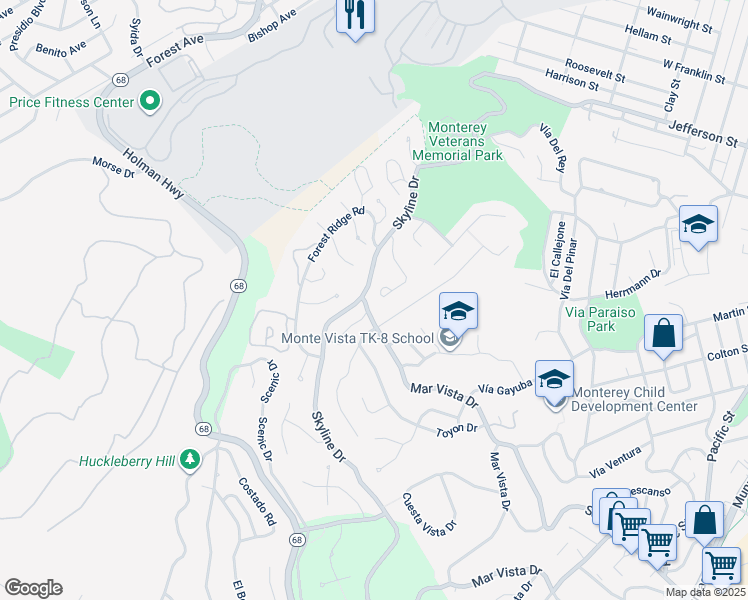 map of restaurants, bars, coffee shops, grocery stores, and more near 15 Pinehill Way in Monterey