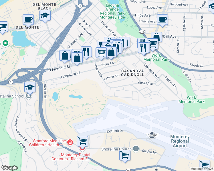 map of restaurants, bars, coffee shops, grocery stores, and more near Airport Rd & Ivy St in Monterey