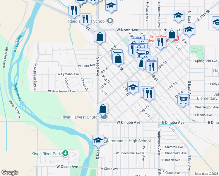 map of restaurants, bars, coffee shops, grocery stores, and more near 1034 K Street in Reedley