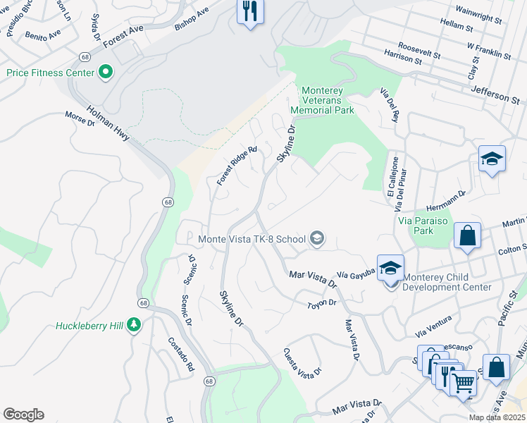 map of restaurants, bars, coffee shops, grocery stores, and more near 15 Pinehill Way in Monterey