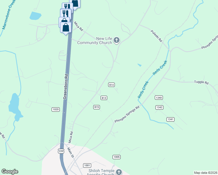 map of restaurants, bars, coffee shops, grocery stores, and more near 651 Mica Road in Ridgeway