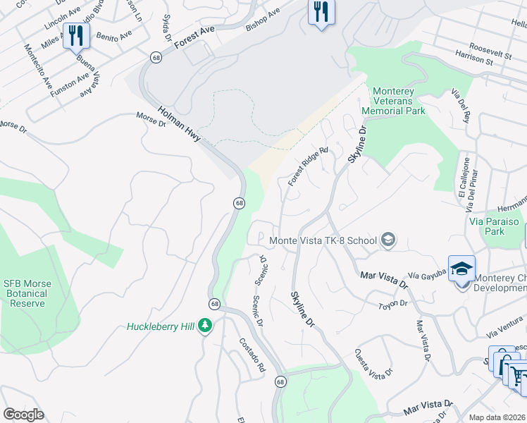 map of restaurants, bars, coffee shops, grocery stores, and more near 250 Forest Ridge Road in Monterey