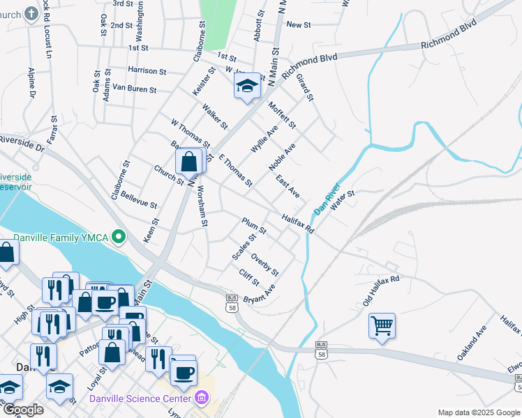 map of restaurants, bars, coffee shops, grocery stores, and more near 336 Halifax Street in Danville