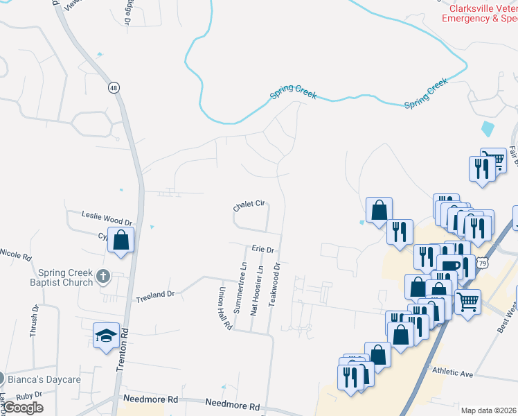map of restaurants, bars, coffee shops, grocery stores, and more near 360 Chalet Circle in Clarksville