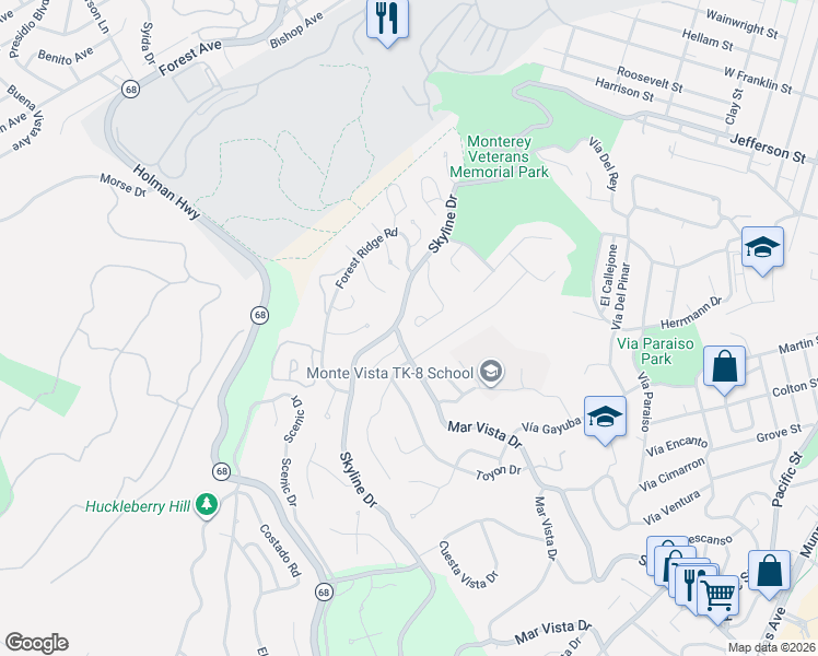 map of restaurants, bars, coffee shops, grocery stores, and more near 16 Pinehill Way in Monterey