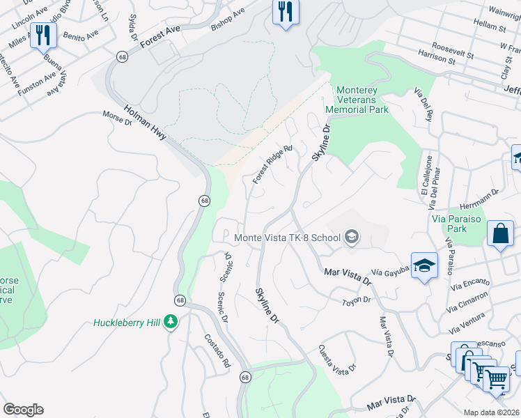 map of restaurants, bars, coffee shops, grocery stores, and more near 5 Stratford Place in Monterey