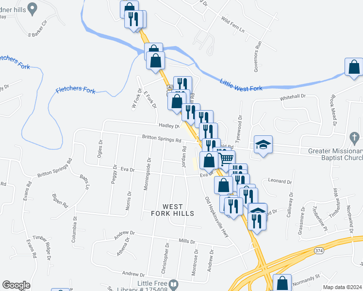 map of restaurants, bars, coffee shops, grocery stores, and more near 204 Britton Springs Road in Clarksville