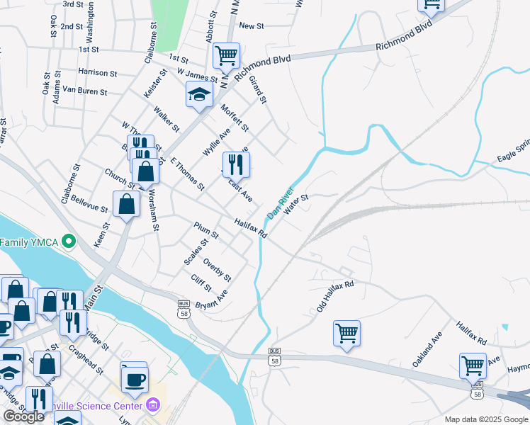 map of restaurants, bars, coffee shops, grocery stores, and more near 830 Corcoran Street in Danville