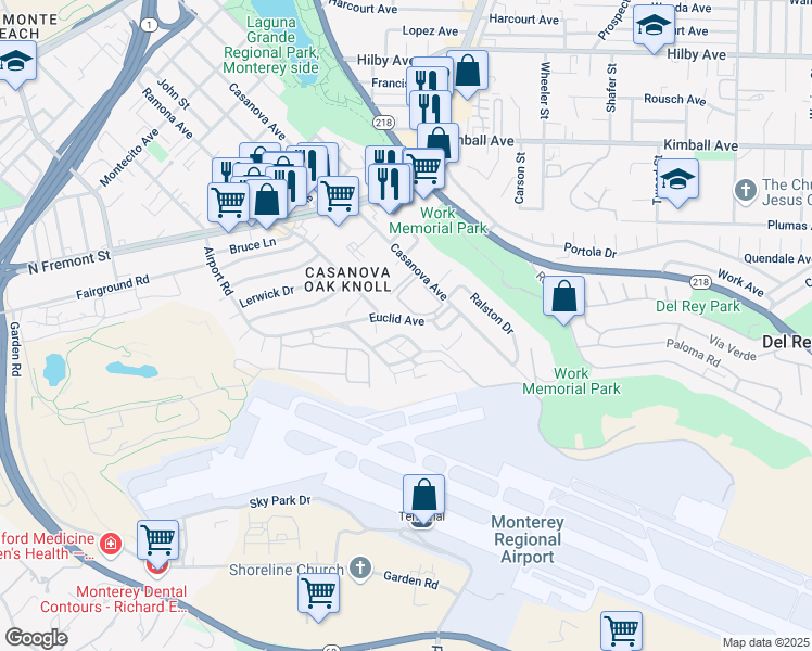 map of restaurants, bars, coffee shops, grocery stores, and more near 326 Euclid Avenue in Monterey