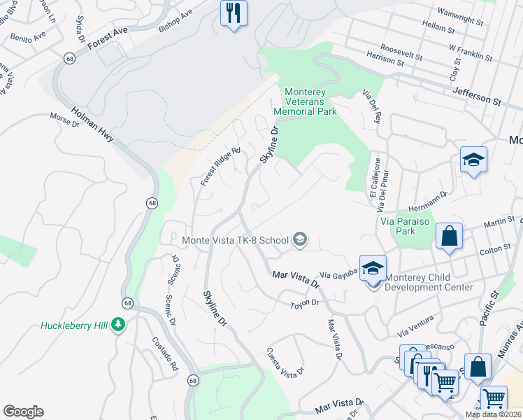 map of restaurants, bars, coffee shops, grocery stores, and more near 11 Pinehill Way in Monterey