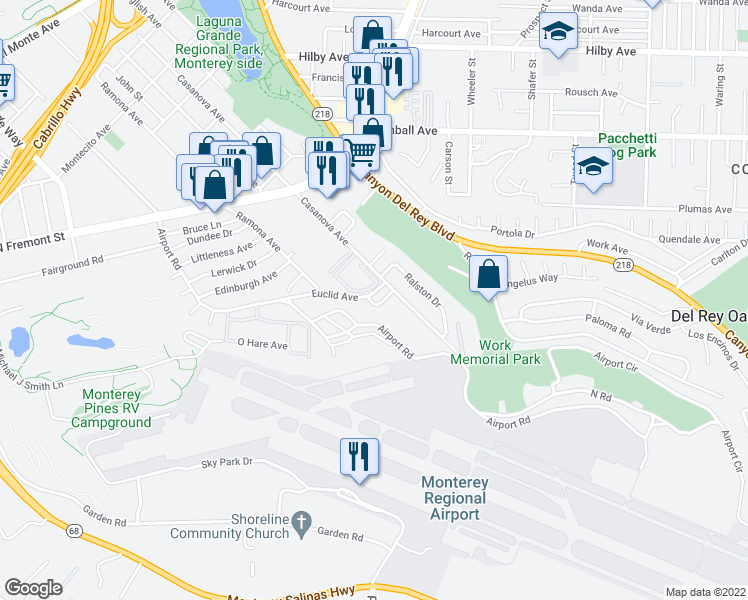 map of restaurants, bars, coffee shops, grocery stores, and more near 350 Euclid Avenue in Monterey
