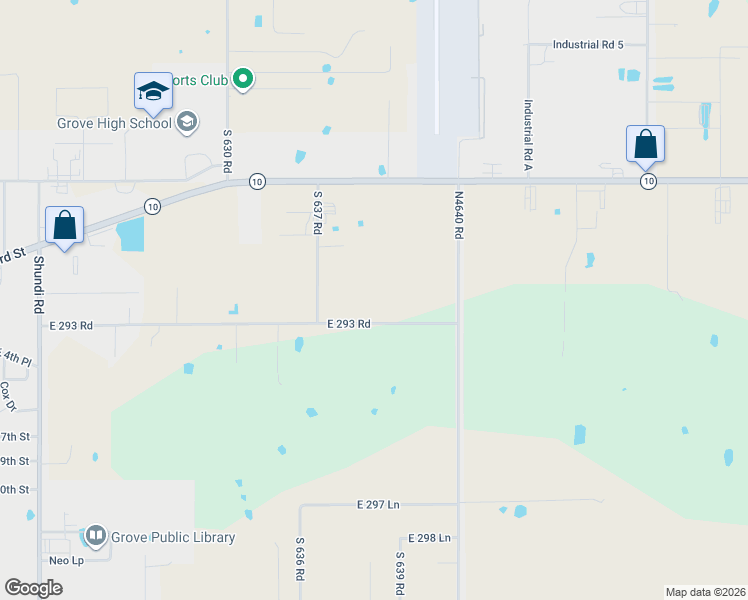 map of restaurants, bars, coffee shops, grocery stores, and more near 63710 East 293 Road in Grove