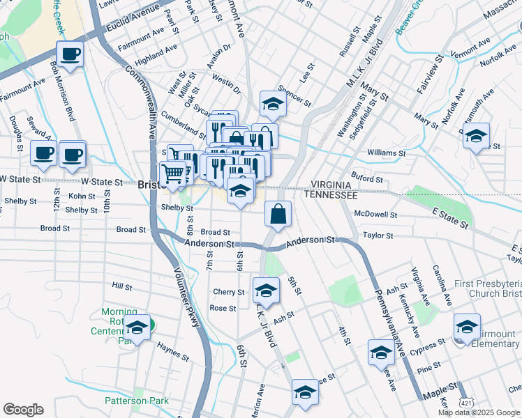 map of restaurants, bars, coffee shops, grocery stores, and more near 100 5th Street in Bristol