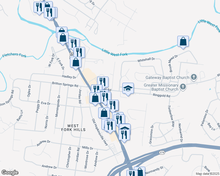 map of restaurants, bars, coffee shops, grocery stores, and more near 193 Ringgold Road in Clarksville