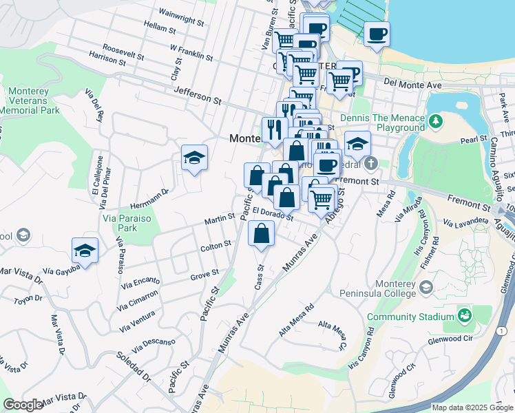 map of restaurants, bars, coffee shops, grocery stores, and more near 276 El Dorado Street in Monterey