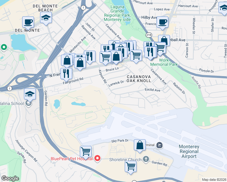map of restaurants, bars, coffee shops, grocery stores, and more near 202 Edinburgh Avenue in Monterey