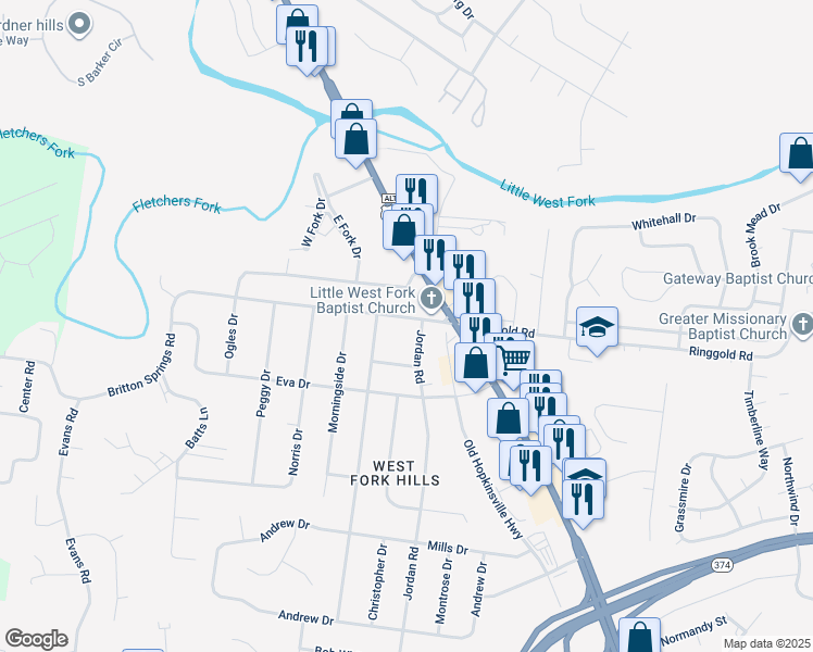 map of restaurants, bars, coffee shops, grocery stores, and more near 204 Britton Springs Road in Clarksville