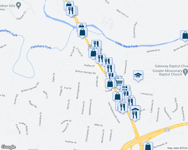 map of restaurants, bars, coffee shops, grocery stores, and more near 204 Britton Springs Road in Clarksville
