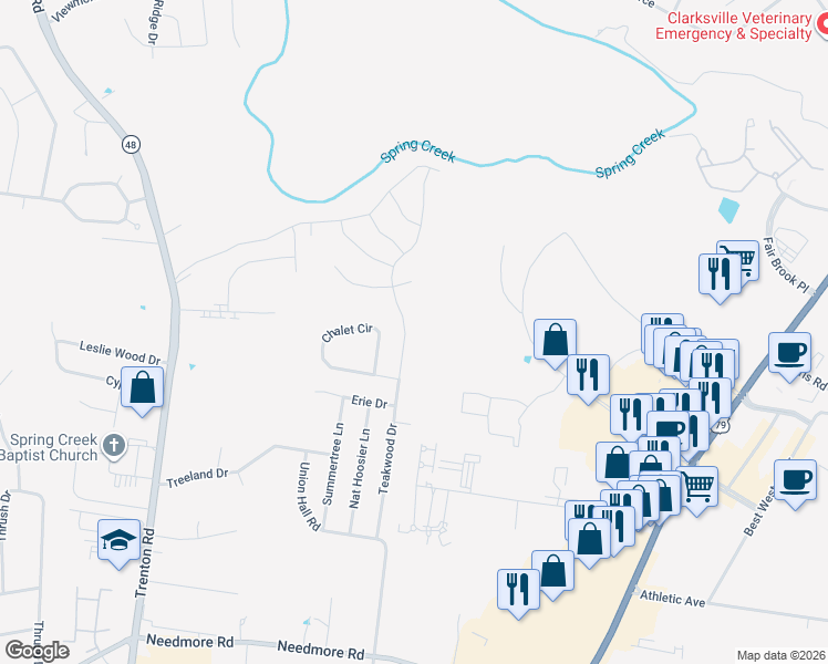 map of restaurants, bars, coffee shops, grocery stores, and more near 2867 Teakwood Drive in Clarksville