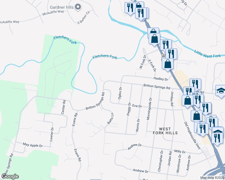 map of restaurants, bars, coffee shops, grocery stores, and more near 709 Eva Drive in Clarksville