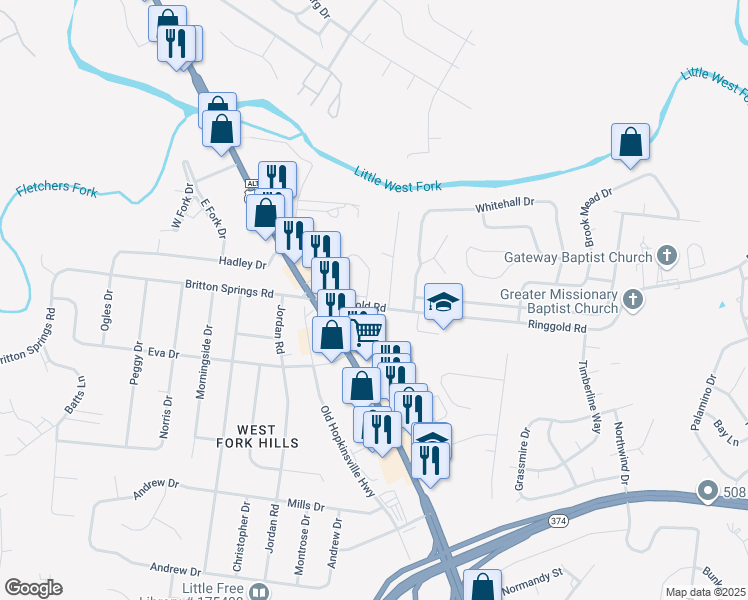 map of restaurants, bars, coffee shops, grocery stores, and more near 193 Ringgold Road in Clarksville