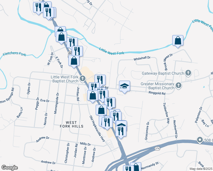 map of restaurants, bars, coffee shops, grocery stores, and more near 193 Ringgold Road in Clarksville