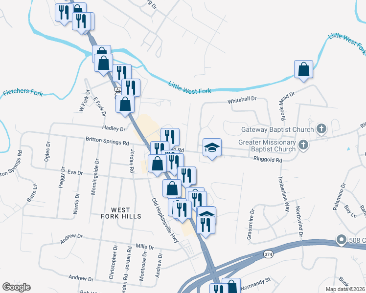 map of restaurants, bars, coffee shops, grocery stores, and more near 193 Ringgold Road in Clarksville
